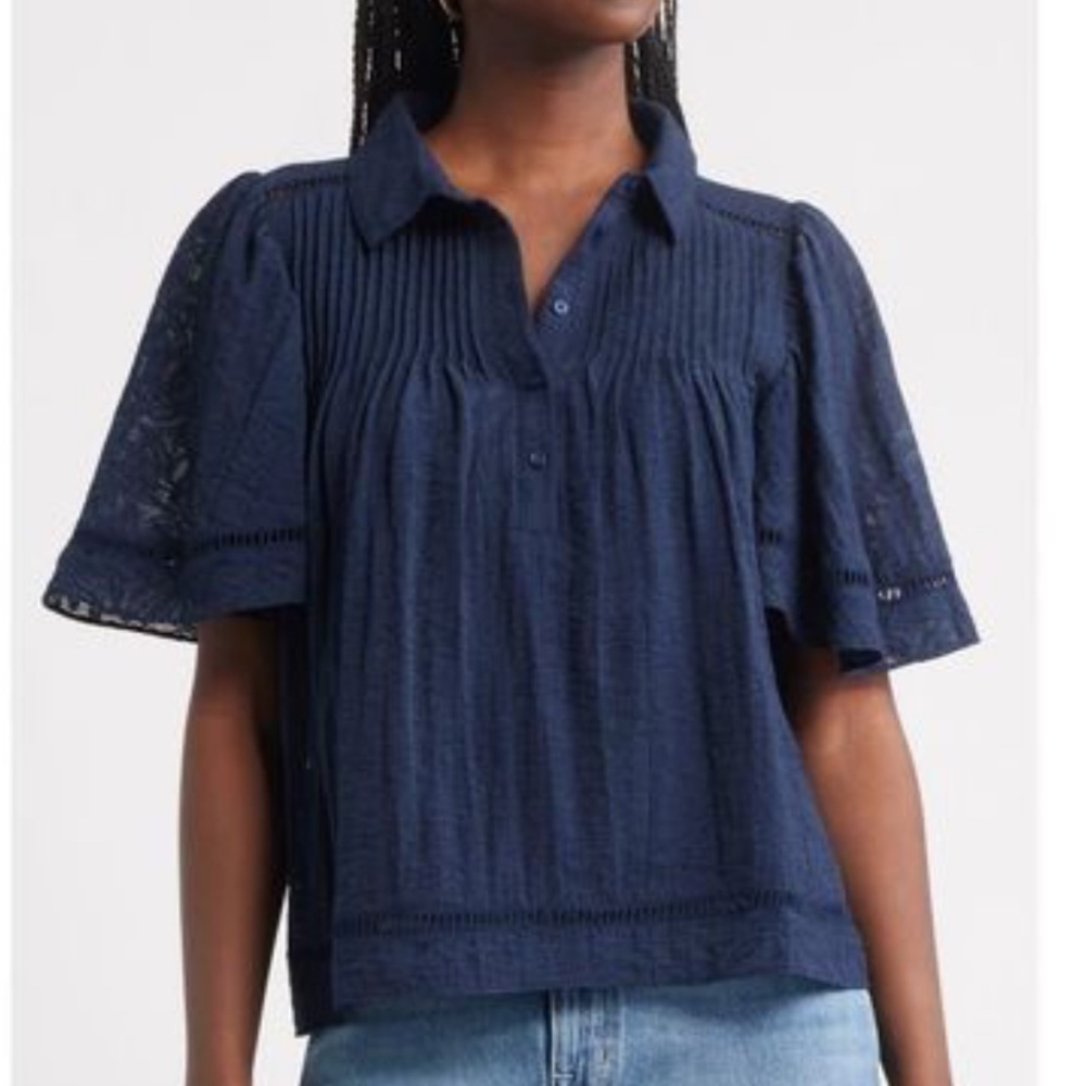 Treasure & Bond Blue Flutter Sleeve popover Navy Blue
